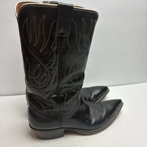 Justin Black Leather Cowboy Boots Embroidered Pointy Toe Snip Mens size 7.5 D